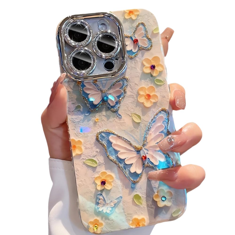 Compatible iPhone 15/iPhone 14/iPhone 13 Case with Butterfly Design and Oil Painting for Women and Teen Girls, Cute and Shiny Phone Cases, Protective Cover (iPhone 14 Pro)