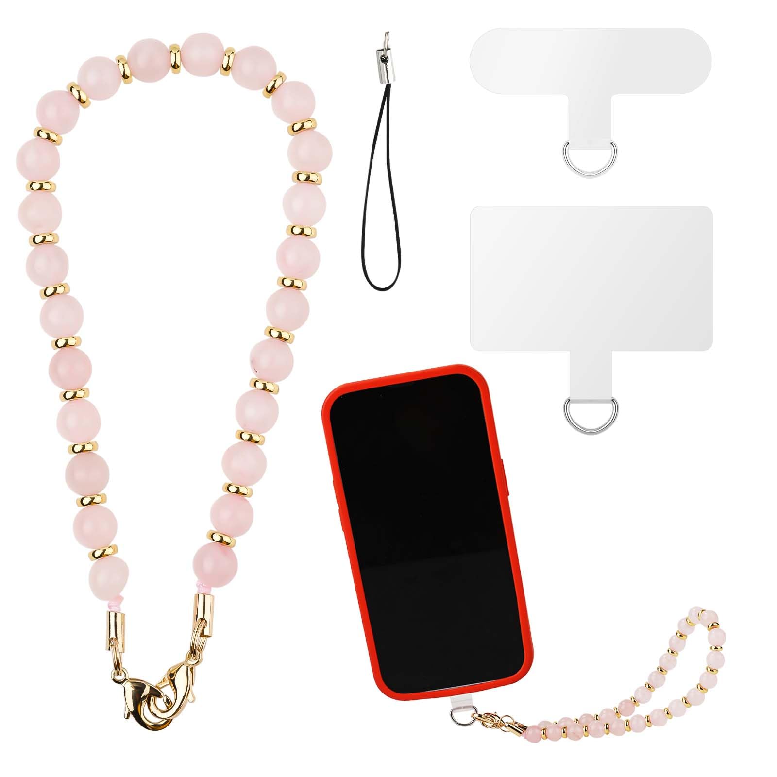 XIHIRCD Phone Lanyard Wrist Strap Crystal Stone Beaded Phone Charm Wrist Strap Detachable Bracelet Phone Strap Chain with 2pcs Tether Tabs Gift for Women Girls (Pink)