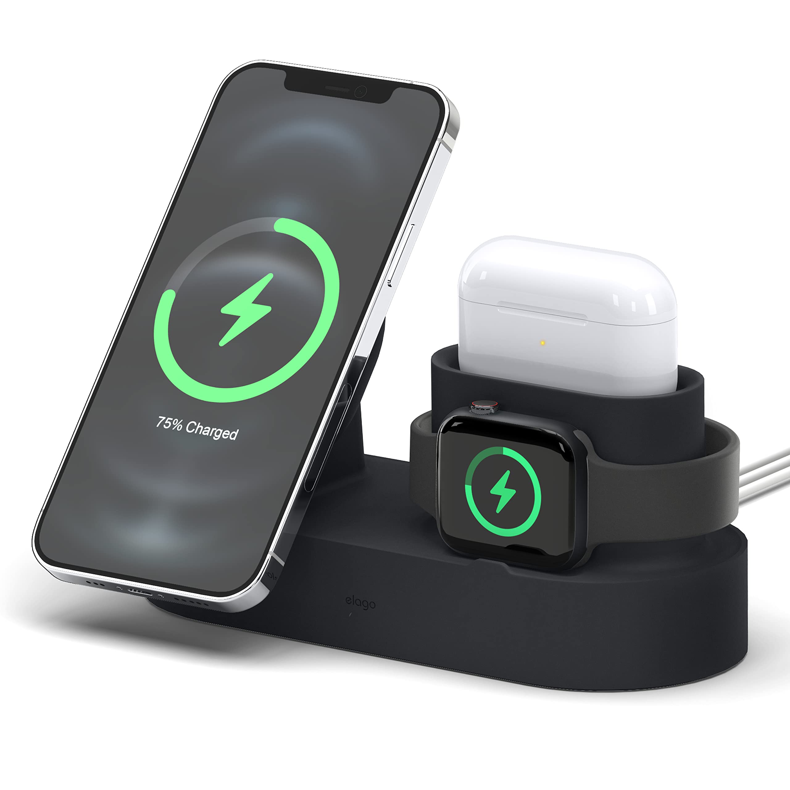elago MS Charging Station 2 - Compatible with iPhone 16/15/14/13/12 Series AirPods 4 AirPods Pro 2 AirPods Pro AirPods 3 and All Apple Watch Series [Black] [Charging Cables Not Included]