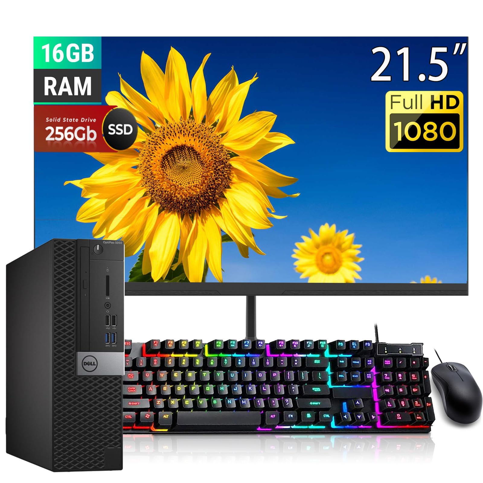 Dell Optiplex 5050 SFF PC Desktop Computer with 21.5" FHD(1920x1080) Monitor i5-7500 3.4GHz 16GB RAM 256GB SSD RGB Keyboard Mouse Win10 Pro (Renewed)