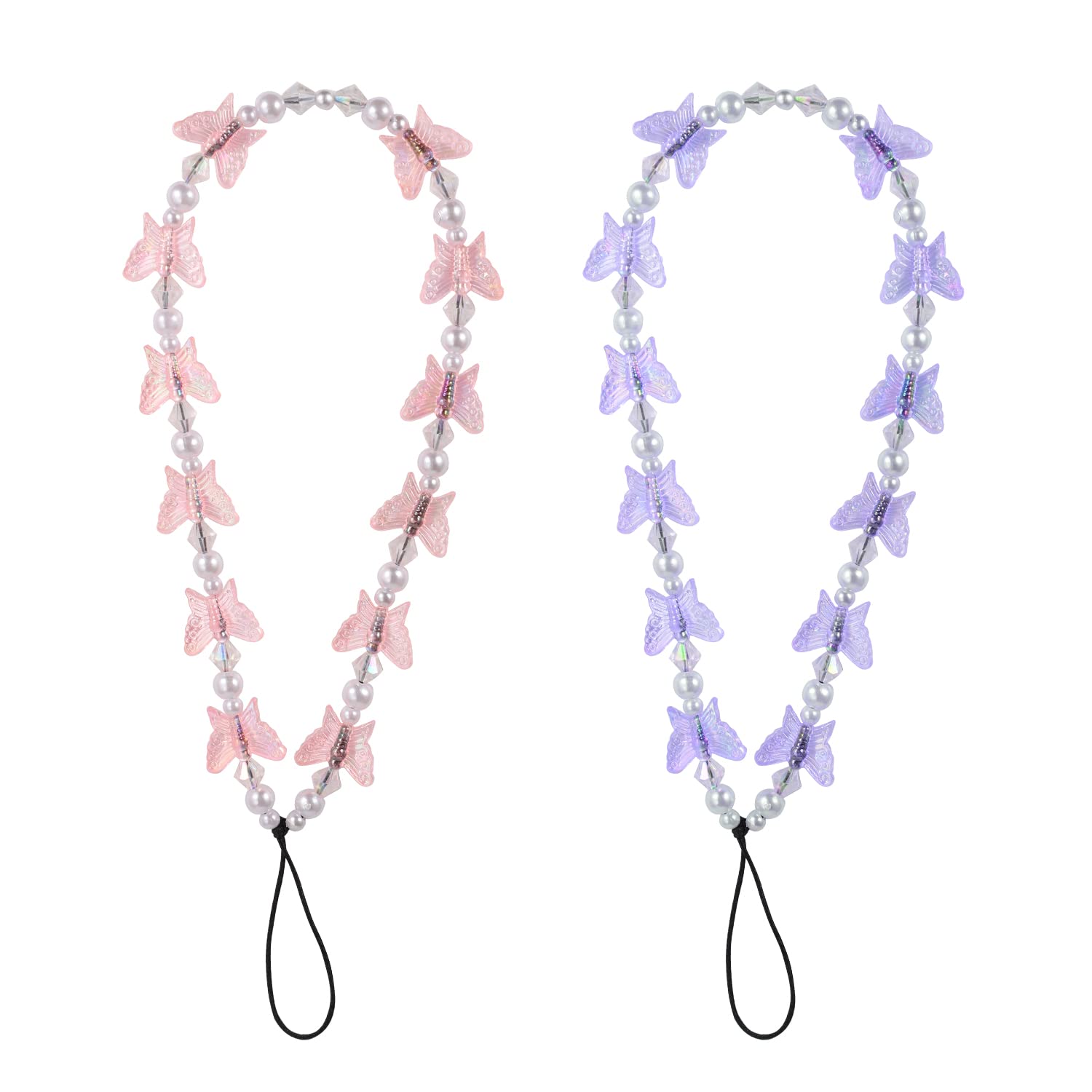 2pcs Beaded Butterfly Phone Wrist Strap, Crystal Butterfly Cell Phone Charm Lanyard Hand Wrist Strap for Phone Keychain for Women (Rose Purple)