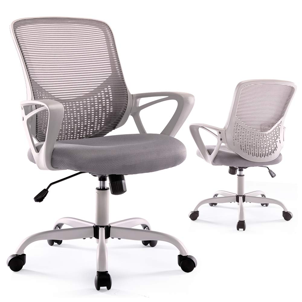 Silla de Oficina Ergonómica para Escritorio en Casa Silla de Malla de Respaldo Medio con Ruedas Giratorias y Soporte Lumbar (Silla de Oficina Gris Claro)