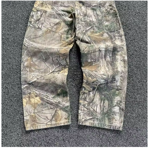 2000s Retro Leaf Print Baggy Jeans – Loose Fit Hip Hop Streetwear
