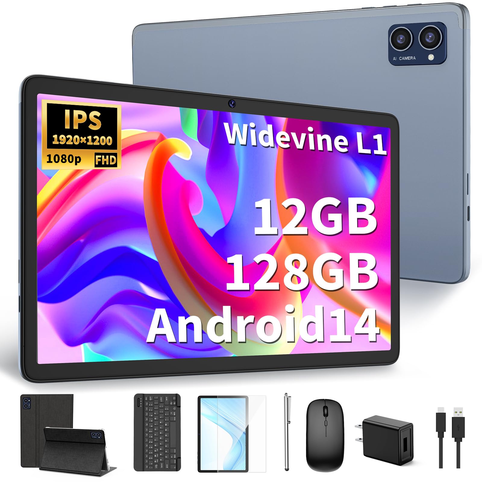 JJGJ Android Tablet with Keyboard 10 inch Android 14 Tablet 12GB RAM+128 Storage(Expand to 1TB) Octa-Core 2K 1920x 1200 Display 13MP Dual Camera 7000mAh 5G/2.4G WiFiGPSBluetooth 5.0 (Black)