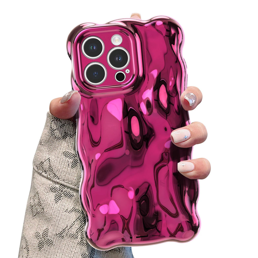 UEEBAI for iPhone 14 Pro 6.1 Inch Case, Cute Solid Color Wavy Frame, Soft Shockproof Bumper Phone Case, Candy Water Wave, Aesthetic Slim 3D Silicone Cover, Pretty, Hot Pink Silver