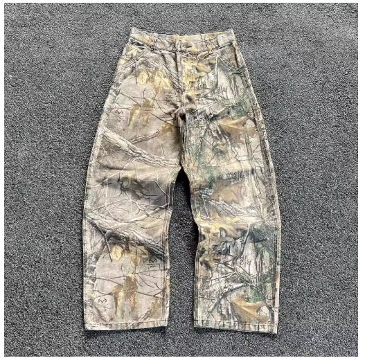 2000s Retro Leaf Print Baggy Jeans – Loose Fit Hip Hop Streetwear