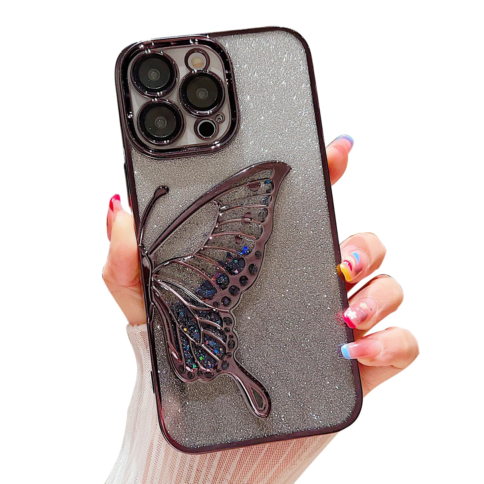 Cutecasee Chrome Case for Women/Girls Gradient Glitter Butterfly Quicksand Plating Clear Phone Cases for iPhone Compatible with iPhone 13 Pro Max Black