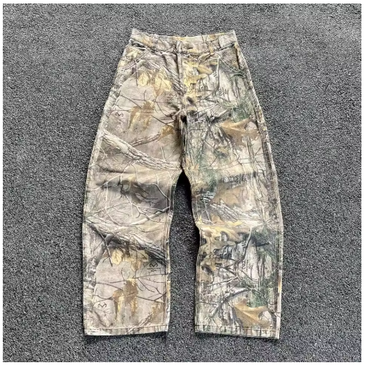 2000s Retro Leaf Print Baggy Jeans – Loose Fit Hip Hop Streetwear