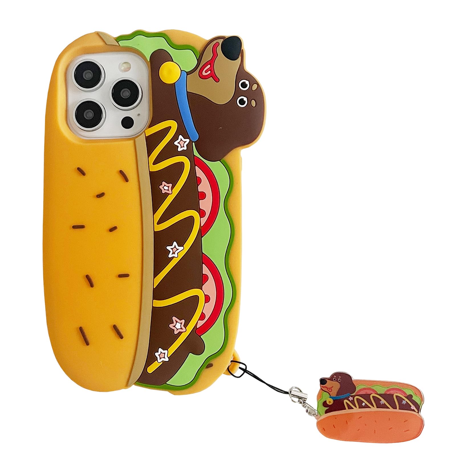QoKcoahn Case for iPhone 16 Pro Max Funny 3D Cartoon Food Hot Dog Cases with Keychain Cute Kawaii Phone Cases Soft Silicone Shockproof Protective Case Women Girls for iPhone 16 Pro Max