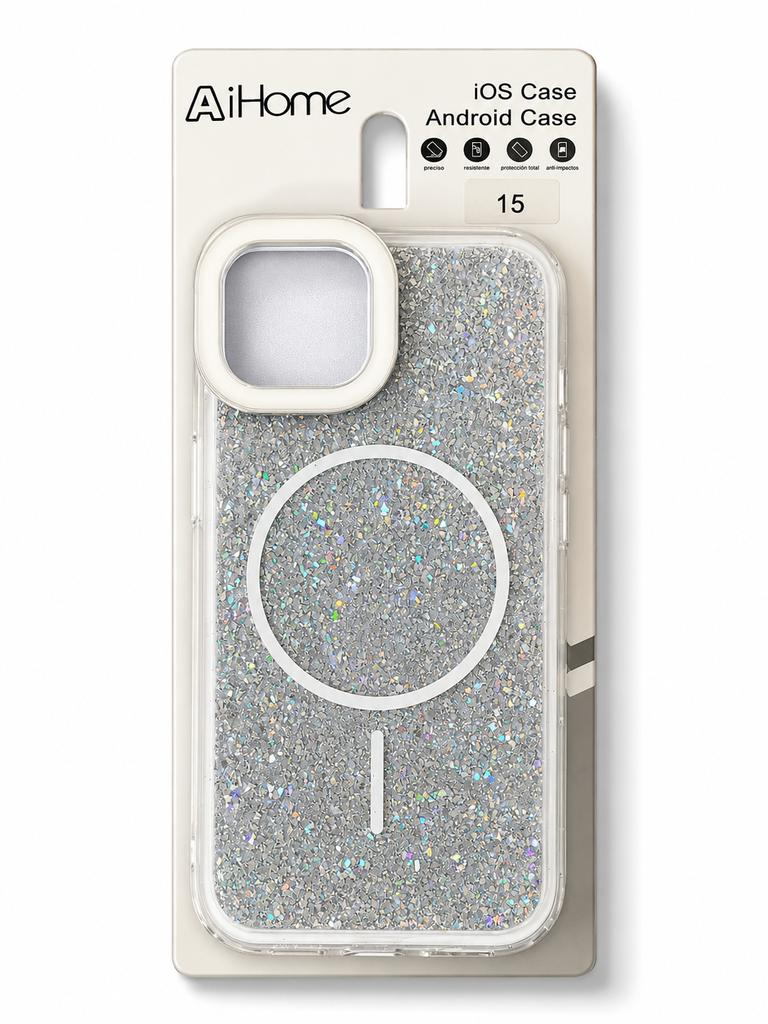 Funda IP 15 con glitter plateado + MagSafe&nbsp;
